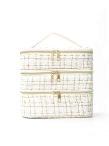 1 Piece Of Makeup Tool Storage, Solid Color And Simple Style, Quilted Padded, Women's Travel, College Dormitory, Puffer Portable Toiletry Bag, Three-Layer Large Capacity And Portable, Gift For Mother, Travel Essentials, Large Travel Toiletry Bag, Multi-Function, Festival Essentialvacation Summer Holiday Back To School School Stuff Bag For School Travel Bag For Women Makeup Bag For Travel - White - View 4