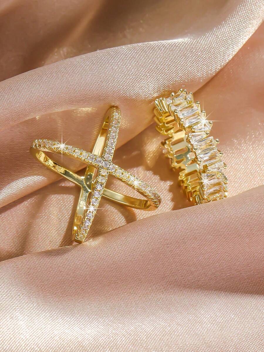 rakol 2pcs Minimalist Criss-Cross Cubic Zirconia Decor Ring Set For Women