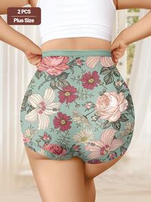 MIOTAN 2条装加大码女式高腰柔软舒适印花三角裤，日常穿着 - 彩色 - 查看 3