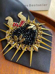1 Stück schwarze Polyester Herz-förmige Halskette mit Strass- und Kunstperlen-Schleife, glänzendes Charm-Accessoire Design für Partys, Bankette, festliche Anlässe
