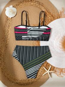 Maillot de bain imprimé fendu avec col ras-du-cou pour femme, adapté pour les vacances et les fêtes