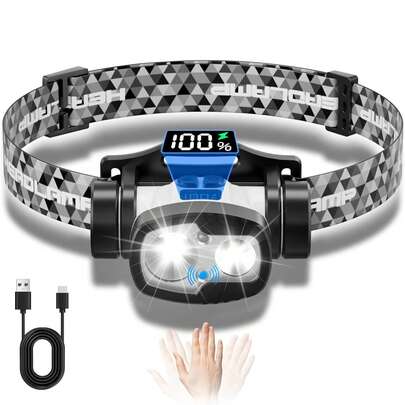 HIKEGUYS 头灯可充电数字显示，成人超轻头灯，8+1 种模式传感器 LED 头灯一键关闭，户外跑步徒步露营头灯，露营配件