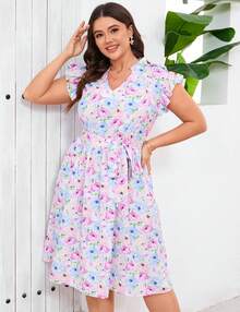 Women's Plus Size Summer Floral Midi Dress V-Neck A-Line Dress Ruffled Cap Sleeves Belt Dresses With Pocketed Casual Outfit - 紫色 - 查看 1