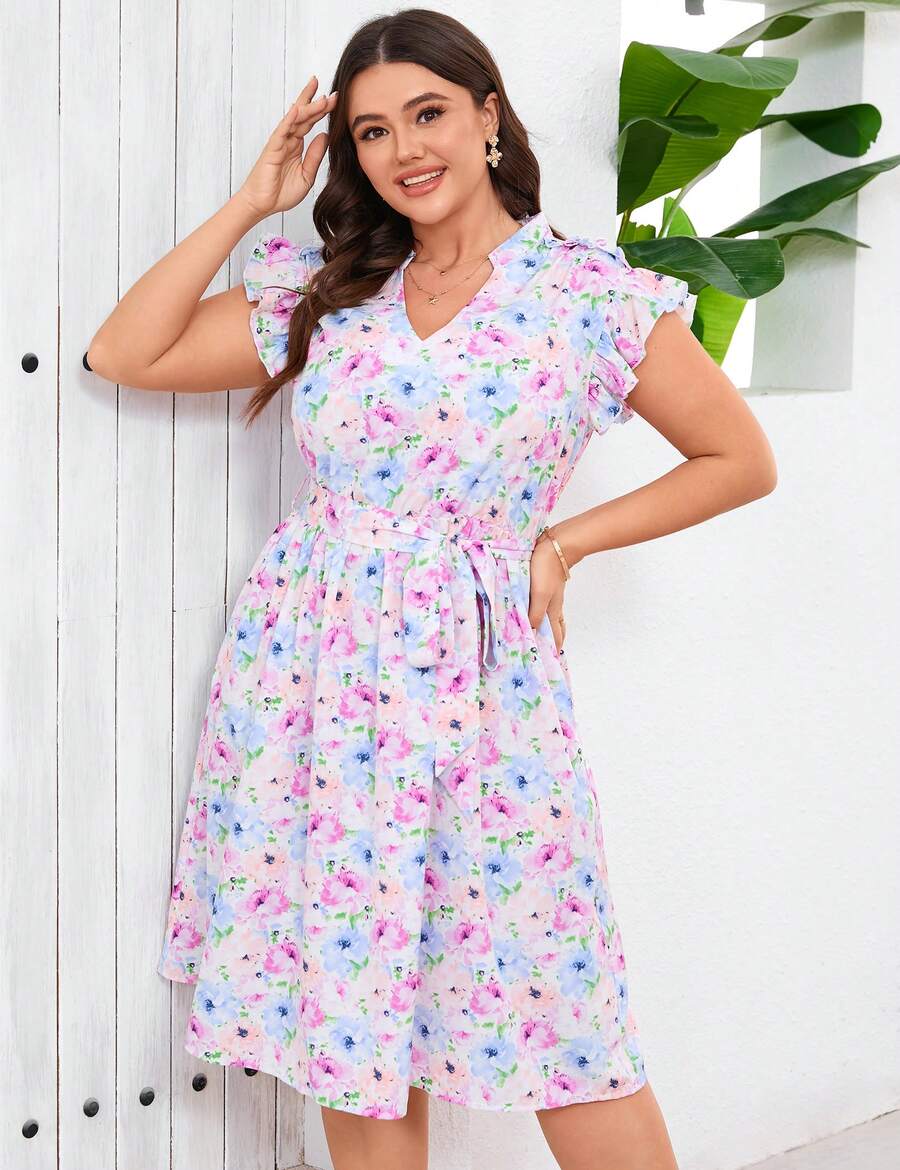 Women's Plus Size Summer Floral Midi Dress V-Neck A-Line Dress Ruffled Cap Sleeves Belt Dresses With Pocketed Casual Outfit - 紫色 - 查看 1