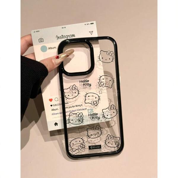 Sanrio Custodia per telefono Sanrio, nuova custodia Hello Kitty, effetto sweet e cool, con bordo nero trasparente, design carino a cartone animato, sensazione di alta qualità, compatibile con 15/16 ProMax, 13/14/15/12/12 Pro/11/11 Promax/14 Plus/13 Pro Max/XR/XS Max
