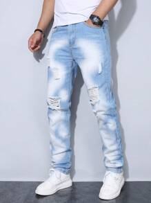 Jeans slim fit in denim slavato e consumato di stile europeo e americano, da uomo