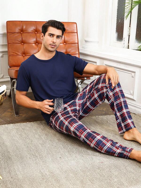 Conjunto de pijama con estampado de cuadros compuesto por camisa de manga corta y pantalón largo para hombres, ropa de dormir cómoda y transpirable para primavera y otoño