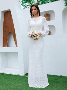 Vestido de Noiva Feminino de Gola Redonda, Mangas Longas, Mangas Trompete, Alças Largas Costas Abertas, Comprimento até o Chão, Vestido de Festa Elegante