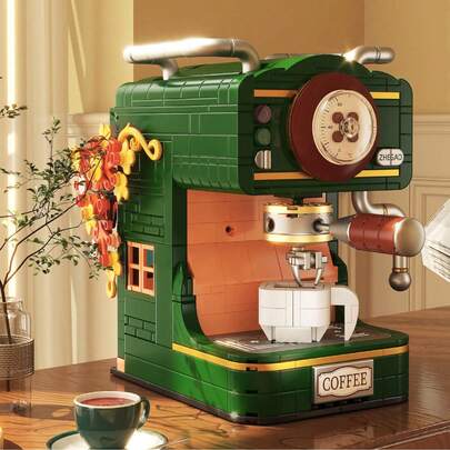 Vintage Simulated Building Blocks Camera, Coffee Maker, Projector And Phone, Handmade High-Difficulty DIY Assembly Model Decorations, Indoor Crafts Decor, Retro ABS Plastic Desktop Ornaments With Green Tile And Brass Accents, Ideal For Thanksgiving And Home Decor, Birthday Gift For Friends