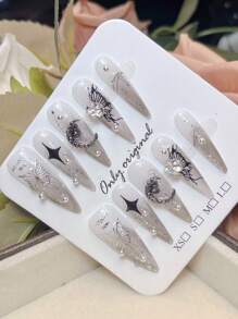 10pcs Long Pointed Nails, Pure Handmade Black, Cold Gray,Handmade Press On Nails, Smudge Liquid Hollow Metal Butterfly Nail Art, Exquisite Shiny Metal Star And Moon Crystal Diamond Nails, Full Coverage False Nails, Suitable For Parties, Dances, Four Seasons Daily Wear, Students, Office Workers, Cosplayers, Wearable, Push-On Nails