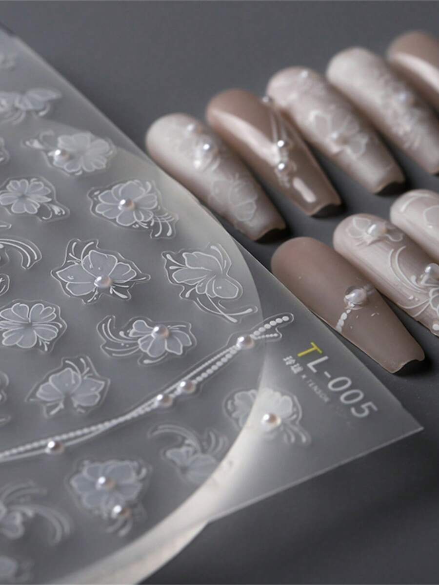1 Stück weiße Blumen Nagelkunst Aufkleber 5D geprägt Frühling Sommer Nagel Aufkleber für Nagelkunst Blumen Nail Decals selbstklebend weiße Perle Blumen Dekoration Accessoires für Frauen Mädchen