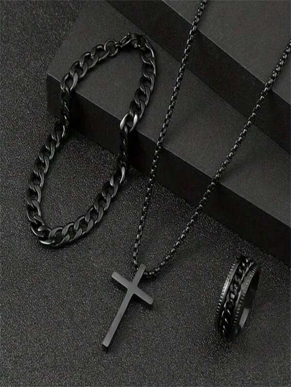 3pcs/Set Cross Pendant Necklace, Bracelet And Ring Jewelry Set, Fashionable Accessories For Couples