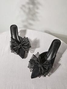 Women Bow Decor Point Toe Pyramid Heeled Mule Pumps, Fashion Outdoor Pumps Valentines Winter Gifts - Black - View 1