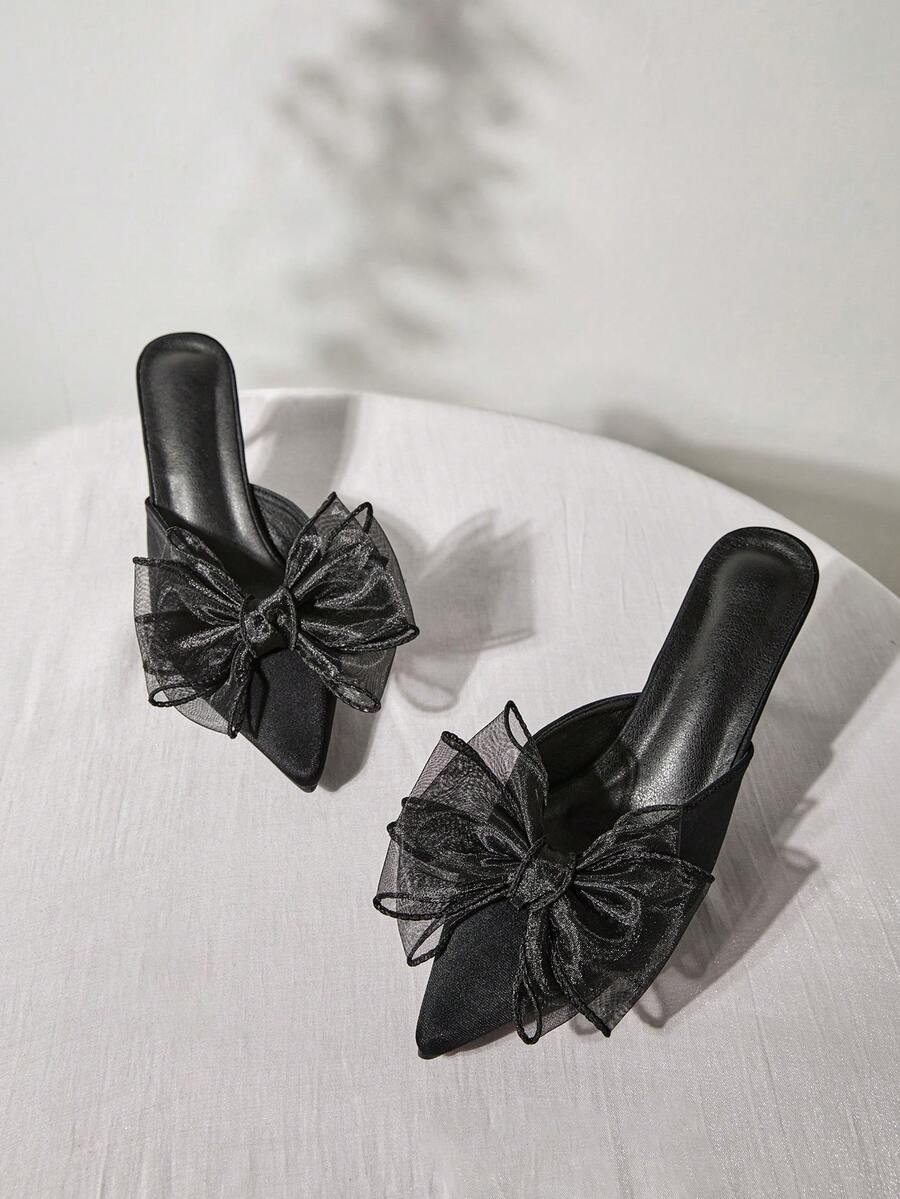 Women Bow Decor Point Toe Pyramid Heeled Mule Pumps, Fashion Outdoor Pumps Valentines Winter Gifts - Black - View 1