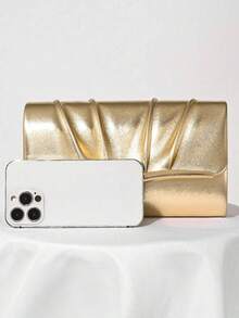 Fashionable Women's PU Pleated Design Evening Clutch Bag, Party/Wedding Shoulder/Crossbody Chain Bag, Perfectly Matching With Prom Accessories - Gold - View 3