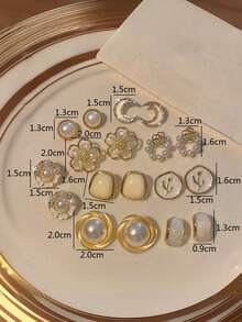 9 件套优雅简约月光月亮贝壳花耳环，人造珍珠精致迷人几何水晶吊坠耳环套装，适合女士日常和节日佩戴 - 套裝A款 - 查看 11