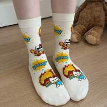 Sanrio 1Pair Sanrio For Hello Kitty & Friends Women'S Kawaii Cat Crew Socks - Cute Cartoon Designs, Breathable Polyester, Perfect For Work & Casual Wear, Available In Multiple Colors, Cute Socks