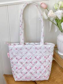 1 件大容量购物手提袋，带蕾丝装饰，可爱花朵和蝴蝶结图案单肩包，时尚绗缝设计手提包，轻便拉链手提包，女士旅行单肩包，带内袋，时尚双手柄钱包，适合购物、旅行、通勤、办公室、外出和学校，休闲购物袋，女童书包单肩包