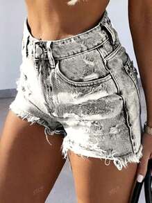 Shorts di jeans vintage lavati a vita alta con orlo grezzo e consumato, stile casual alla moda da strada e ribelle, aderenti e attillati, di colore blu chiaro