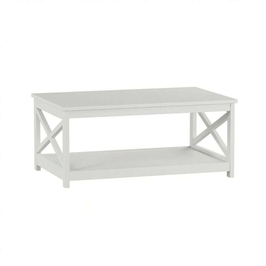 White Wooden Coffee Table With Bottom Shelf 34 Inches Long TV Stand 14.5 In H - 1 - View 1