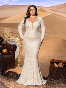 Faeriesty Haute Glamour Plus Elegant Heart-Shaped Neckline Long Sleeve Sequin Fishtail Evening Gown - Red Carpet, Galas, Formal Weddings, Upscale Parties - Rượu sâm banh - Xem 3