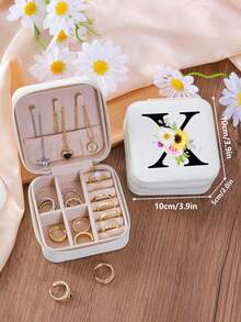 1 件花卉首字母首饰盒、A-Z 字母旅行首饰盒、伴娘、结婚礼物、字母戒指盒、女士礼品盒、PU 皮革首饰盒（用于戒指、吊坠、耳环、项链等） - 女孩和女士礼品盒。