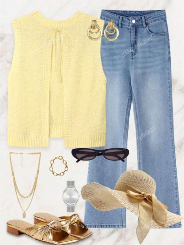 Plus Size Elegant Solid Color Bow Back Knit Tank Top Vest, Suitable For Spring, Autumn And Winter