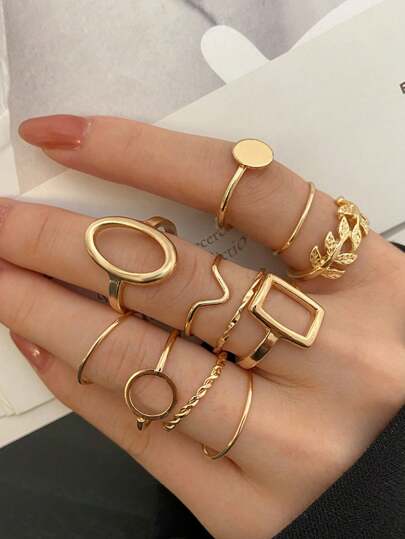 11pcs/Set Geometric Tree Leaf Design Joint Ring Set, Creative And Unique Style Jewelry For Women Elegant