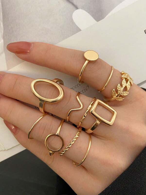 Conjunto de 11 anéis articulados com design de folha de árvore geométrica, jóia criativa e única de estilo elegante para mulheres