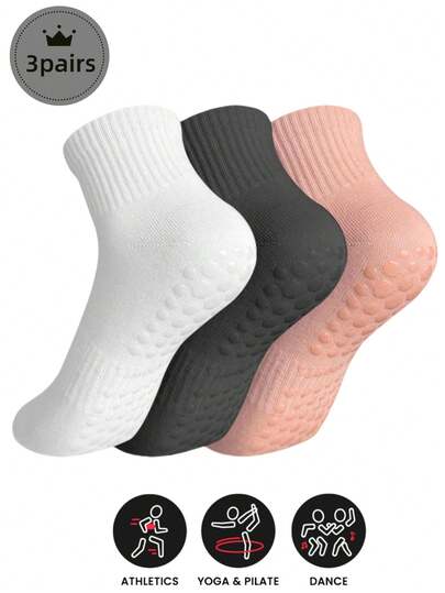 3 双女式踝部防滑瑜伽袜，黑色、白色和粉色，适合普拉提、芭蕾、瑜伽、健身运动