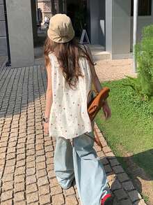 Women's Square Neck Casual Loose Floral Embroidered Tank Top Summer - Apricot - View 5