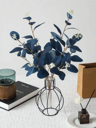 1pc Artificial Eucalyptus Stem, Navy Blue Artificial Flower, Silver Dollar Eucalyptus Leaves, Greenery For Floral Bouquets, Wedding, Home, Office Decor, Flower Arrangements, Fake Plants, Autumn Decor, Room, Desk, Garden Decoration, Valentine''s Day, Gifts