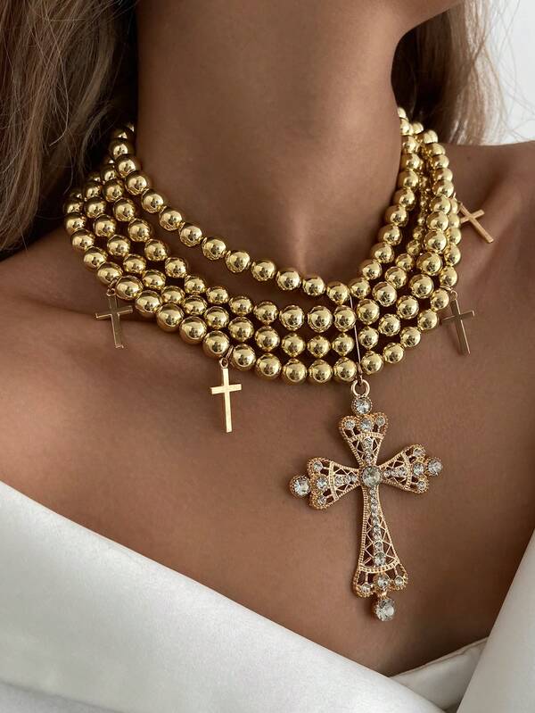1pc Bohemian Multi-Layer Beaded Cross Pendant Necklace, Luxurious Vacation Party Unisex Jewelry Gift Necklace