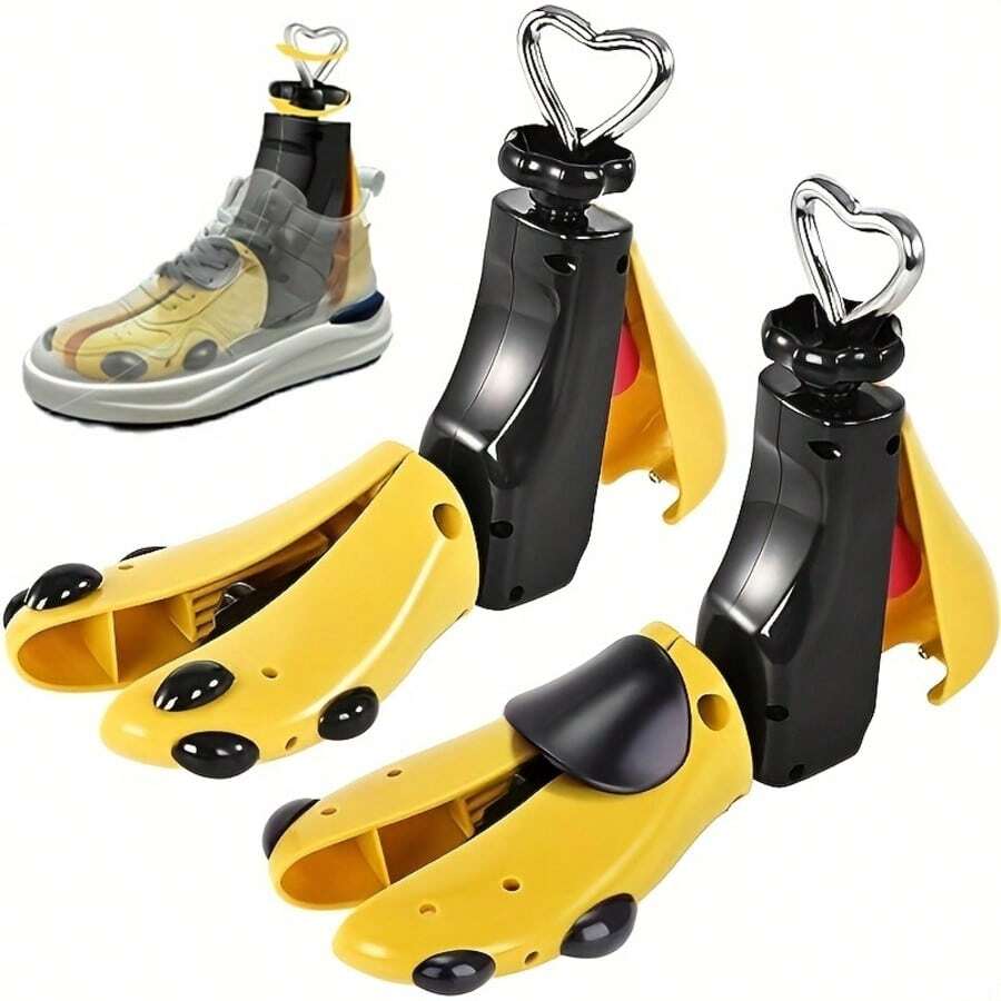 Conjunto de 2 peças (1 alargador de sapatos + 1 calçadeira) WoJia Alargador de sapatos unissex ajustável - Design em plástico amarelo e preto, adequado para sapatos de couro sintético, botas, tênis, sapatos casuais e esportivos, Ótimo presente para o Dia dos Namorados, sapatos, escolhas de primavera/verão, presentes para madrinhas, decoração de quarto, decoração de praia, viagens, para homens e mulheres, férias, itens fofos