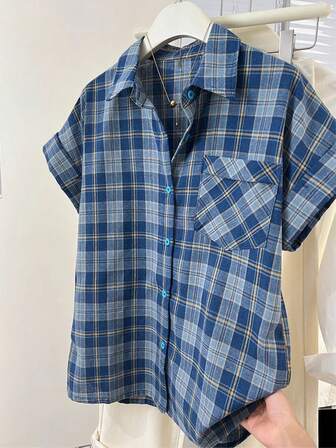 Women's Plaid Single-Breasted Short Sleeve Pocket Casual Shirt