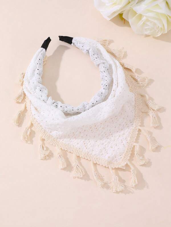 1pc Women Bohemian Style White Hollow Triangle Scarf Print Headband Hairband With Tassel, Suitable For Vacation, Spring/Summer Daily Wear Headbands Hair Hoop