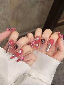 10 件长细高跟手工按压指甲,适合派对和日常佩戴,红色指甲,红色,长指甲,星星,水钻指甲,易于佩戴 10 件 Y2K 手工按压指甲,夏季指甲,夏季风格,适合女孩和女士节日派对和日常佩戴指甲用品指甲 - 紅色 - 查看 4