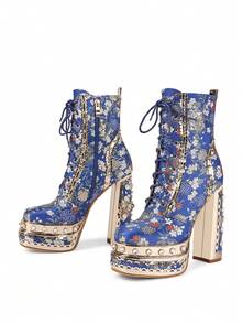 Blue Embroidered Fabric Thick High-Heeled Short Boots, Daily Party Boots - 藍色 - 查看 8