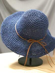 1 件女士手工编织纯色夏季太阳帽，防紫外线镂空草帽，日常旅行沙滩渔夫帽