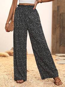 Pantalones anchos de pierna recta de cintura alta con lunares, cintura ajustada, pantalones casuales de pierna ancha estilizantes