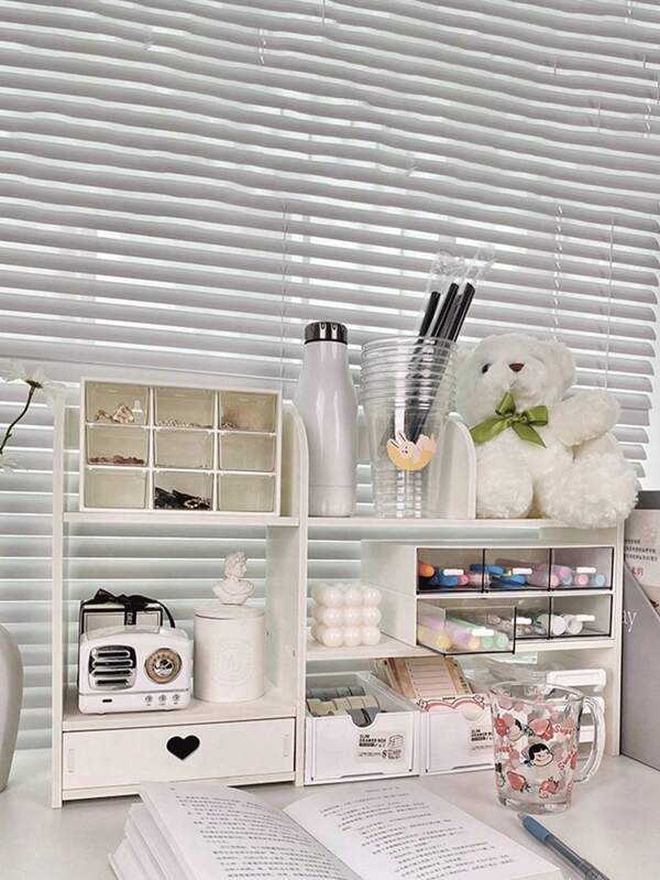 1 pièce Organiseur de bureau en bambou blanc composite, étagère de rangement pour la chambre à coucher, le salon, le bureau, la table de maquillage, la bibliothèque, le dortoir, pour les stylos, les marqueurs, le ruban adhésif, les jouets, les livres, les tasses, les cosmétiques et autres articles de bureau