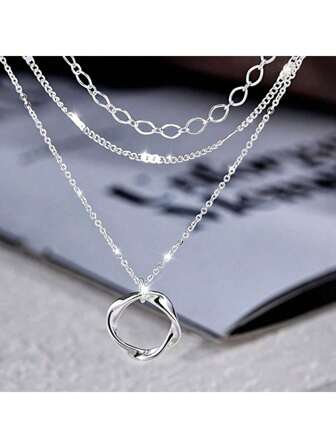 1pc Fashion Multi-Layer Stacking Rings 925 Silver Necklace For Women, Personalized Hiphop Everyday Party Gift