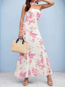 2PCS Women Floral Strapless Maxi Dress With Neck Scarf Backless Bodycon Tube Long Dresses Flower Mesh Summer Sundress - 白色 - 查看 4