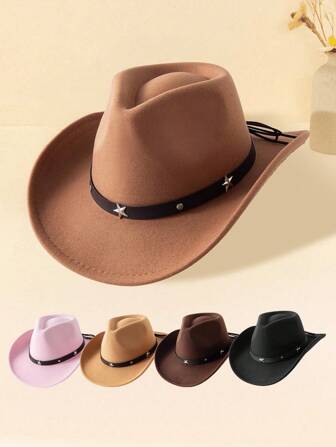 1 pieza Sombrero de fieltro tipo cowboy con decoración de estrella en, estilo occidental vintage y retro, accesorio unisex y para niños apto para todas las estaciones con elemento desmontable, adecuado para uso diario, al aire libre, fiestas, vacaciones y vuelta al colegio
