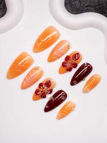 Y2K Almond-Shaped Handmade Nail Tips, Orange & Khaki Colors With Carved, Rhinestone, Pearl, Steel Ball Designs, Pure Handmade Nail Pieces Suitable For Women & Girls, 10Pcs/Pack With 3 Size Options, Ideal For Parties, Gatherings, Daily Wear, Including Tool Kit, Great Gift For Ladies & Girls Press On Nails Nail Supplies Nails - Multicolor - View 3