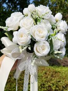 10英寸心形水晶新娘捧花，蕾丝蝴蝶结丝绸玫瑰婚礼仪式道具，毕业舞会礼物