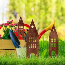 3PCS Rusty Castle-Shaped Metal Houses Silhouette, Decorative Garden Stakes, Vintage Artistic Outdoor Decor For Gardens Flowerbeds Lawns Patios - Rust Brown - View 4