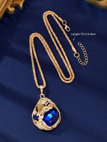 1pc Luxury Long Chain Blue Faux Gem Teardrop Pendant Necklace, Anniversary Gift Jewelry - Blue - View 3
