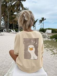 1 Áo thun tay ngắn cổ tròn in họa tiết thường ngày cho bé gái tuổi teen, Quần áo mùa hè cho trẻ em - Vịt dấu hỏi, được thiết kế dành cho những người yêu động vật độc đáo - Màu be - Xem 2