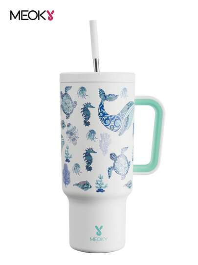 40oz Handled Straw Vacuum Insulated Water Bottle, Stainless Steel Insulated Travel Mug With Lid And Straw, 100% Leak Proof, Keeps Cold For 34 Hours Or Hot For 10 Hours (Glow In The Dark Ocean Animal Pattern)